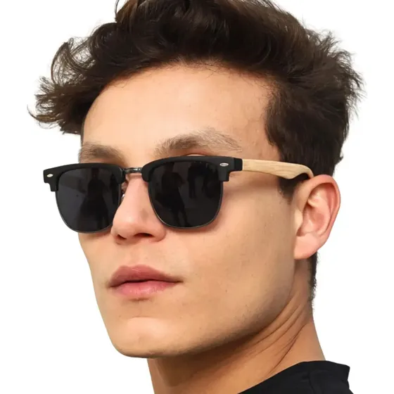 Óculos De Sol Club Madeira Acetato Premium Proteção Preto