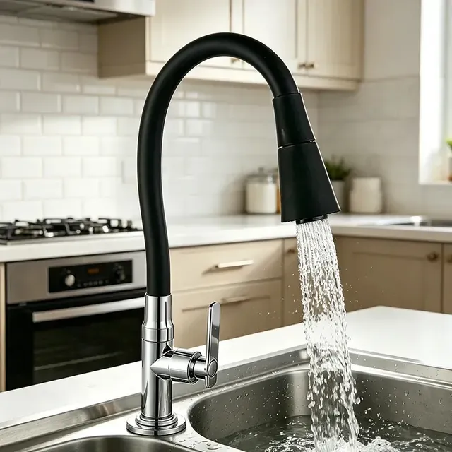 Torneira Gourmet Luxo Flexível Cozinha Dreamway Bancada 2 Jatos Pia Monocomando Torneira Flexível Gourmet 360° Preto Brilhante