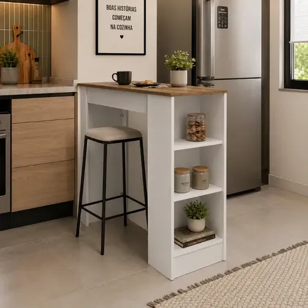 Bancada De Cozinha Ilha Gourmet Americana 2 Prateleiras 90cm Linha Bologna Cor Branco/mel - Mademovel Branco/marrom