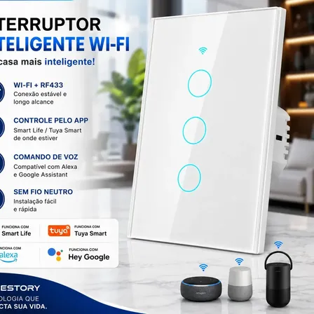 Forestory Interruptor Inteligente Dimmer Wifi 3 Botão Touch Alexa Touch Tuya Smart Life Alexa Google Home Aligenie Yandex Alice Smart Automação Compatível Wifi 2.4ghz Rf433 Bluetooth 100-240v 10a