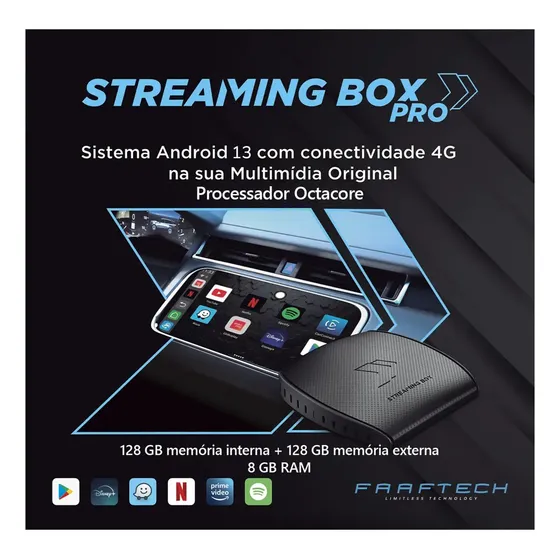 Streaming Box Pro Faaftech 8gb 128gb Carplay Android 13 Preto