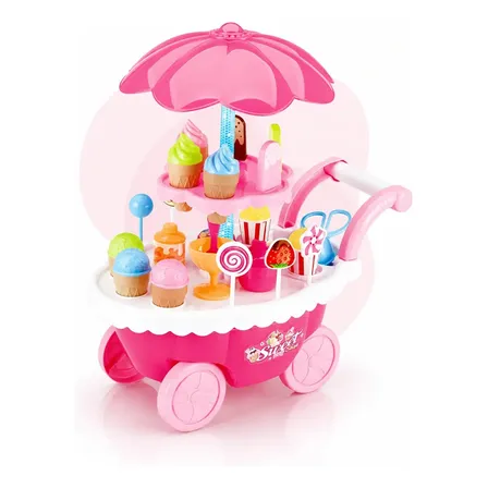 Carrinho De Sorvete Picole E Doces Sorveteria Infantil Brinquedo Musical Luz E Som Com Acessorios Kizumba Rosa