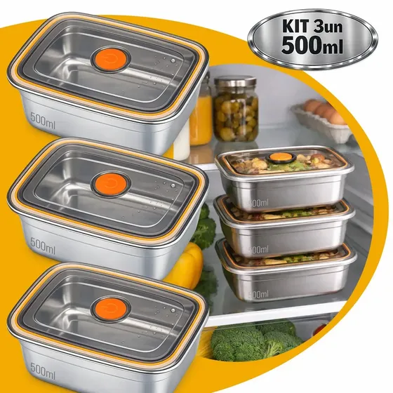 Kit Potes Herméticos Retangulares para Alimentos em Aço Inox de 500 mL
