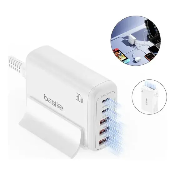 Carregador Turbo 30W Basike 5‐em‐1 | 5 Portas USB + PD Type‐C com Cabo 1,5m Dupla Voltagem Compatível iPhone 7‐17 Samsung Xiaomi Motorola