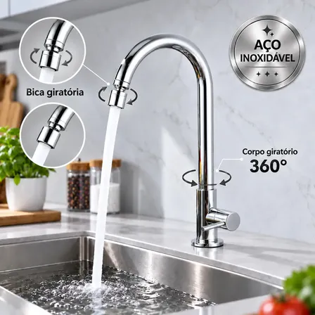 Torneira Cozinha Bancada Inox Cromada Água Fria Bica Alta e Corpo Giratórios com Arejador