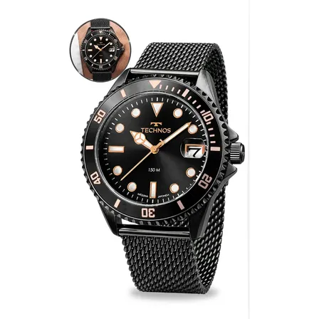 Relógio Technos Masculino 2415ed-1p Aco Inox Preto Analógico Prova Dágua 150 Metros