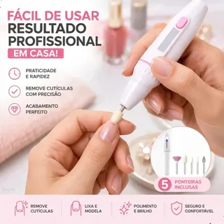 Lixa Elétrica Removedora de Cutículas Quicko Portátil com 5 Ponteiras Manicure Profissional Removedora De Cutículas Portátil Polidor Acabamento Profissional Escova De Limpeza De Unhas