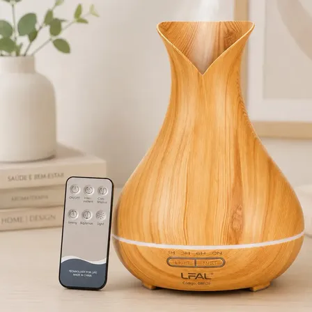 Difusor de Aromas Umidificador De Ar Elétrico Aromatizador Ambiente Vaporizador Ultrassônico Óleo Essencia 400ml Bivolt com Controle Remoto Yoga Meditação Aromaterapia Marrom-claro Led Marca LFAL