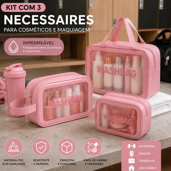 Kit 3 Necessaire Estojo De Toalete Organizador De Malas Kit Maternidade Cosméticos Shampoo Impermeável Ideal Para Áreas Molhadas Viagens Trabalho Academia Material PVC Qualidade Tche Amo Cor Rosa