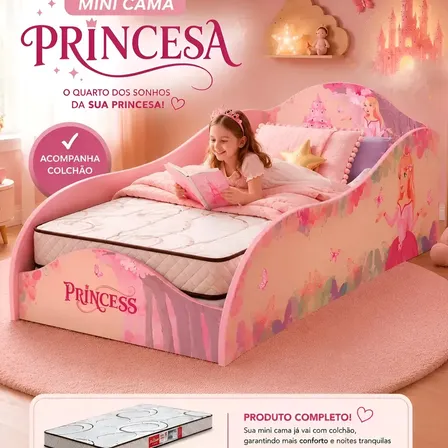 Mini Cama Infantil Princesa Com Colchão Proteção Lateral Rosa Princesa