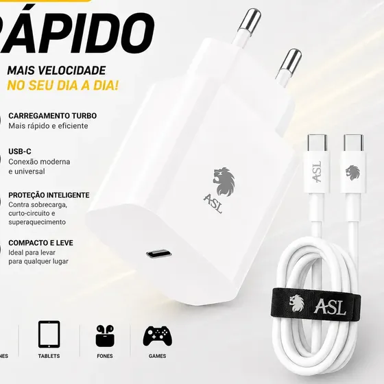 Carregador de Parede ASL USB-C Turbo para Samsung, iPhone e Xiaomi, com Cabo 1m