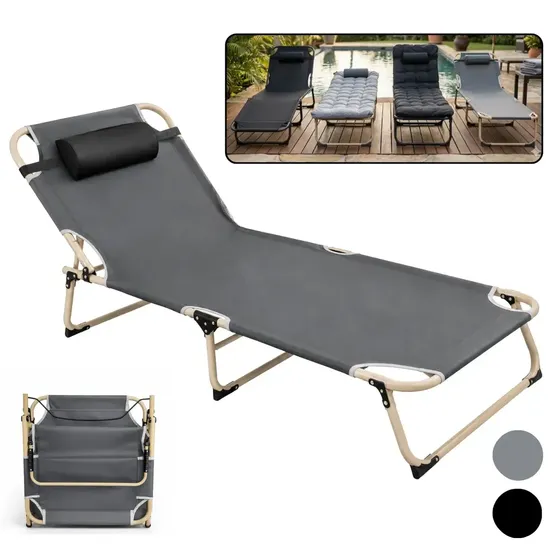 Espreguiçadeira Cama Dobrável Com Travesseiro Cinza Reclinável Camping Praia Piscina Lakansa