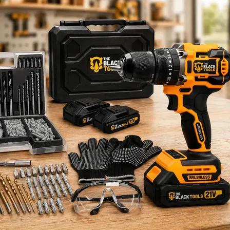 Furadeira Parafusadeira De Impacto Motor Brushless Com 2 Baterias 21v 3/8 Pol. + Jogo Brocas Buchas Bits The Black Tools Amarelo 127/220v
