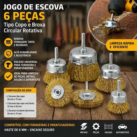 Jogo Disco Escova De Aço Rotativa Circular P/ Furadeira 6pçs