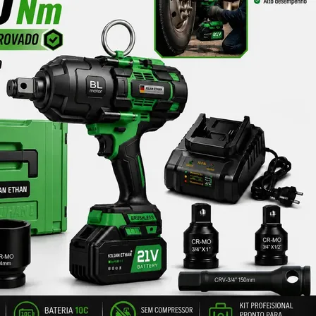 Chave de Impacto 3/4" 2120Nm Torque Comprovado | Bateria 10C + Carga Rápida 3A | Kit com Soquetes CR-MO e Adaptadores 1" e 1/2" | Caminhão, Oficina e Manutenção Pesada | KILIAN ETHAN Master série