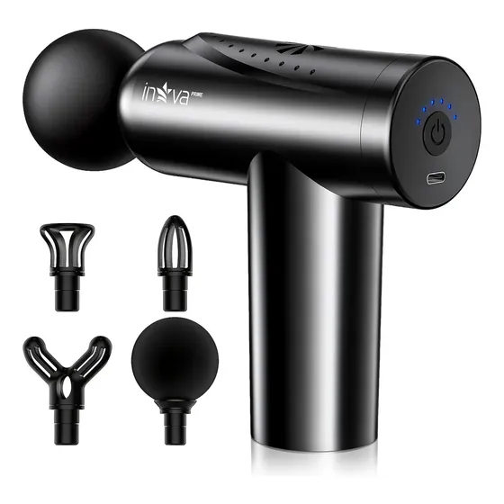 Pistola Massageadora Profissional Muscular Portátil Com 4 Cabeças E 6 Velocidades Para Timer Automático Inova Preto