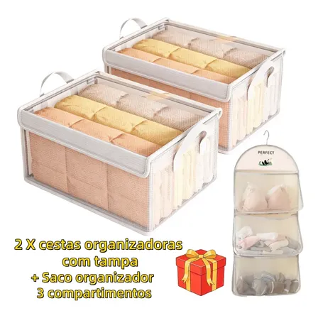 Kit 2 Cestos Organizadores Transparentes Para Roupa Com Tampa E Alças Reforçadas Transparente