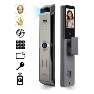 Fechadura Digital Inteligente Automática Yesop Cinza Com Bateria, Face 3d, Palma Da Mão, Câmera E Visor, Wi-fi Tuya, Biometria, Corpo 6068 Para Portas 40-100mm