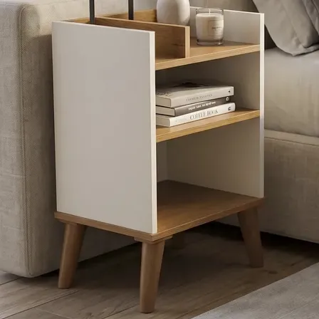 Mesa De Cabeceira Para Quarto Com Nicho E Prateleira Off White Com Nature Fosco