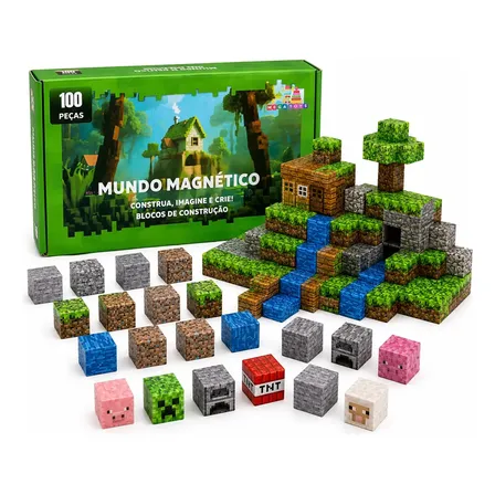Blocos de Montar Magnético 100 Peças Criativo Mundo De Cubo Construção 3d Infantil Educativo Com Personagens Brinquedo Nanotoyzzz