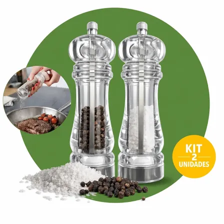 Kit 2 Moedores De Pimenta E Sal Grosso 17cm Acrilico Ajuste Fino E Grosso Moagem Manual Precisa Mecanismo Cerâmica Aço Inox Cozinha Churrasco Boa Dica