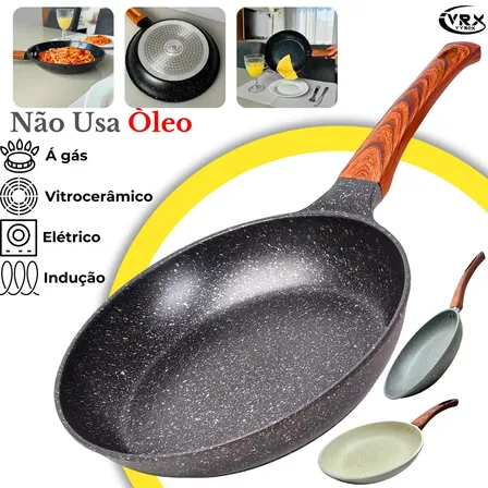 Frigideira Cerâmica 24cm Grande Premium Antiaderente Fogão Cooktop Gás Elétrico Indução Fundo Triplo Frita Sem Óleo Cozinha Cabo De Baquelite Soft Touch Antitérmico Profissional Vyrox Preto Granito