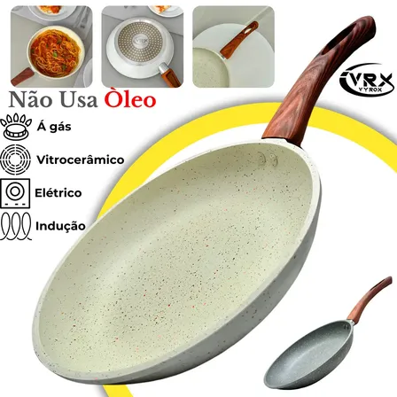 Frigideira Cerâmica 24cm Grande Premium Antiaderente Fogão Cooktop Indução Gás Elétrico Panela Frita Sem Óleo Não Gruda Creme Granito