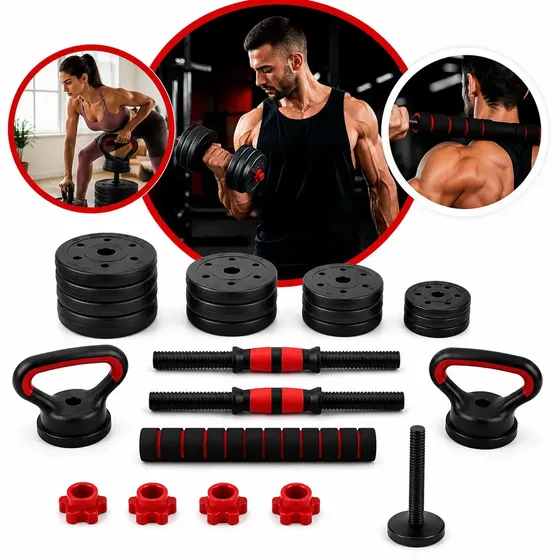 Kit Halteres 6 Em 1 Peso 40kg Regulavel Ajustavel Musculacao Kettlebel Com Barra E Anilhas Preto-vermelho