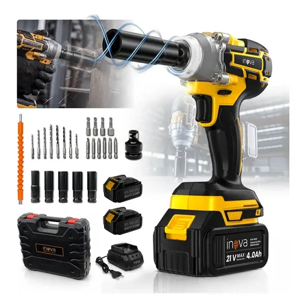 Chave De Impacto Inova Sem Fio 21v, Kit Com 2 Baterias E Torque De 300 Nm Amarelo 127/220v 50hz/60hz