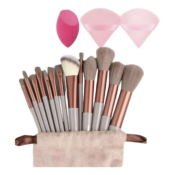 Pincel Maquiagem Kit 13 Peças Profissional Estojo Esponjas Marrom