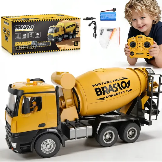 Caminhão Betoneira Brastoy 1:14 Controle Remoto 2.4GHz 10 Canais, Tambor 360°, Descarga Automática, Luz e Som Realista Brinquedo Veículo de Obra