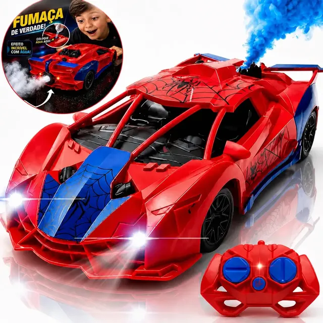 Carrinho de Controle Remoto Homem Aranha c/ Fumaça e Luz LED