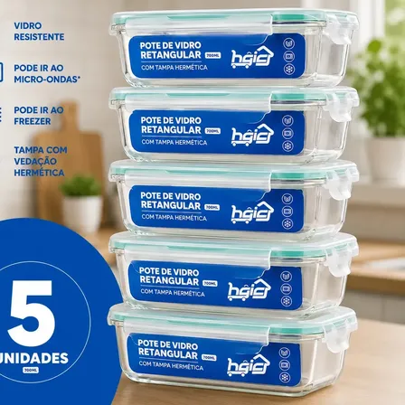 Jogo 5 Potes 700ml De Vidro Hermetíco Refratário Marmita Com Tampa Hgic Transparente