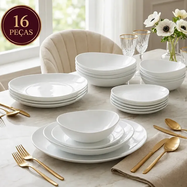 Aparelho Jogo Kit De Jantar 16 Peças Opalino Branco Pratos E Bowl Mesa Moderno Côncavo Resistente Sólar Lisa