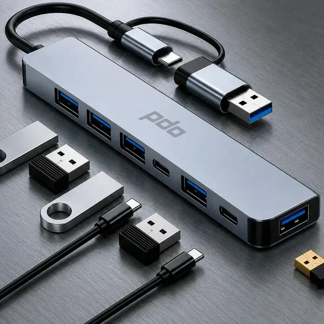 Hub Usb 3.0 Pdo 7 Em 1 De Alumínio Com Adaptador Híbrido Usb-c E Usb-a Alumínio 7in1