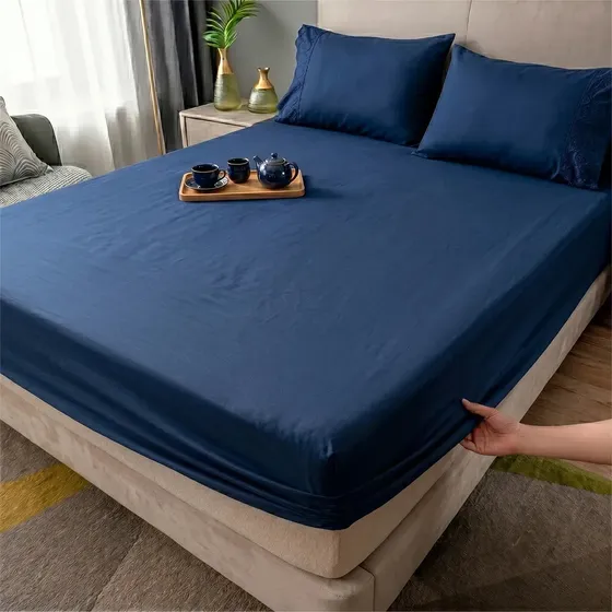Jogo De Lençol Casal Queen 3 Peças Bordado Lese Hotel Liso Azul-marinho Liso/bordado
