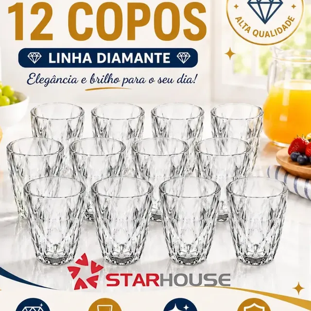 Kit 12 Copos Diamond 300ml Transparente Luxo Vidro Copo Diamante Cristal Suco Agua Vinho - Star House Kit C/ 12