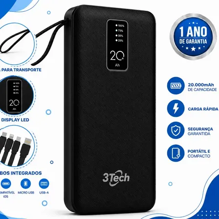 Power Bank 20000mah Carregador Portátil 4 Cabos Integrados Visor Digital Lanterna Led Usb Tipo C Compatível iPhone Samsung Xiaomi Android Bateria Externa Carrega 4 Dispositivos Preto