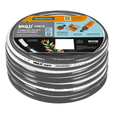 Mangueira Multi Forte 1/2 Para Jardim Tramontina Cinza Com Faixa Branca Em Pvc 4 Camadas 15 M Com Engates Rápidos E Esguicho Cinza-escuro