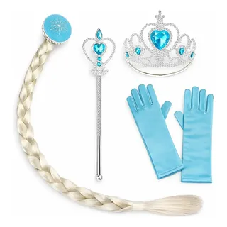 Kit Acessórios Frozen Elsa C/ Varinha, Luvas, Trança E Coroa Azul-claro