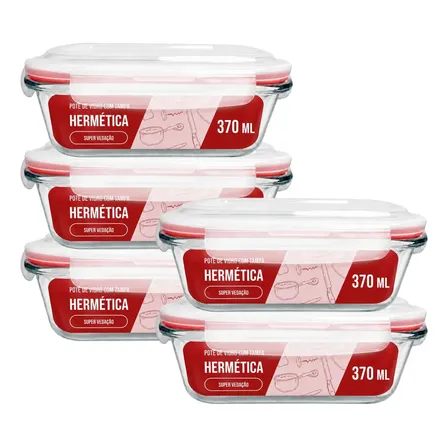 Kit 5 Marmita Pote Vidro Hermético 370ml Retangular 4 Trava Vermelho