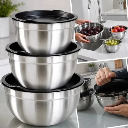 Kit 03 Tigela Bowl Com Tampa Plástica Bacia Inox Pote Utensílio Doméstico E Cozinha Para Geladeira Marca Kururuá