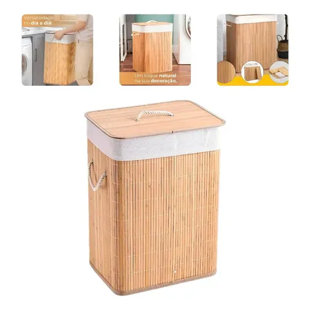 Cesto De Roupa Suja De Bambu Com Tampa E Alças 70 Litros Bege Liso