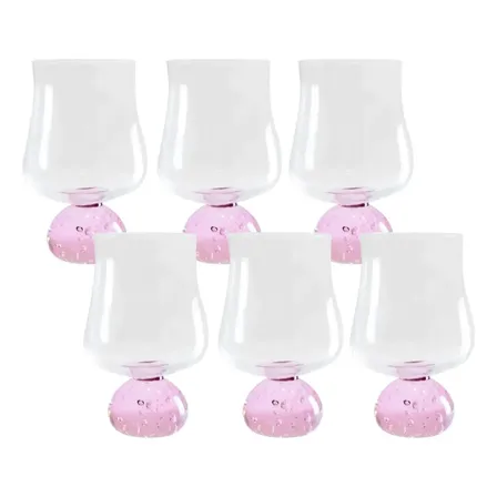 Jogo 6 Copos Em Vidro Base Esfera Rosa E Transparente 440ml