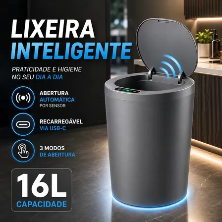 Lixeira Inteligente Automática 16l Com Sensor Infravermelho Recarregável Usb Para Banheiro Cozinha Escritório Cinza-1