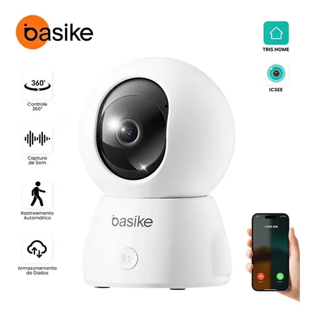 Câmera De Segurança Wifi Interna 360° Full Hd, Com Botão De Chamada E Modo De Privacidade, Visão Noturna E Detecção De Movimento App Icsee, Babá Pet Eletrônica Câmera Dome Monitoramento Branco