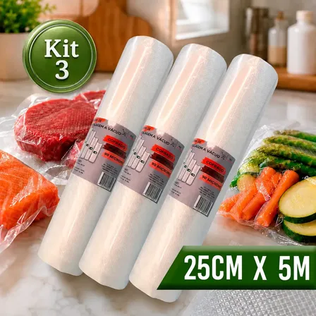 Kit 3 Rolos Gofrados Para Vácuo De 25cm X 5m, Para Seladora, Transparente