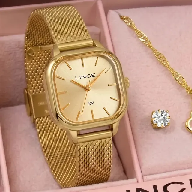 Kit Relógio Feminino Lince Com Colar E Brincos Lqgm083l23k0lrc1kx Dourado