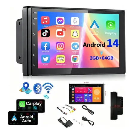Central Multimídia Android Universal 7 Com Carplay E Android Auto Sem Fio, Bluetooth E Gps Preto