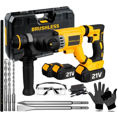 Martelo Martelete Rompedor Brushless 28mm 2 Baterias Com Acessórios Brocas Talhadeira Ponteira Óculos Luva Gorillaz Amarelo 127/220v 60hz